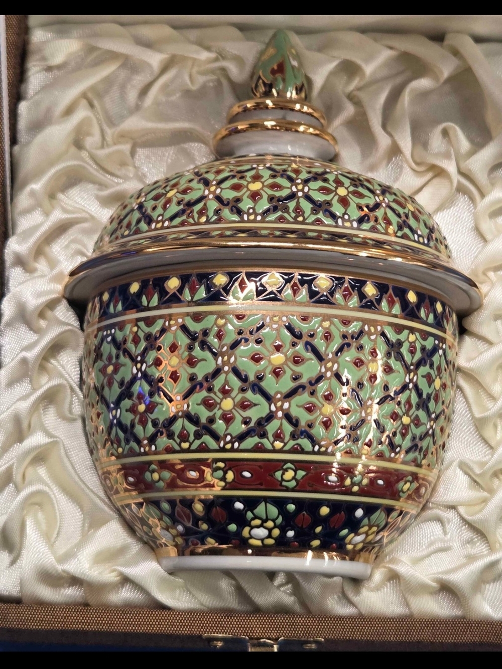 Benjarong Decorative Green and Multicolor Porcelain Lidded Jar - Brand